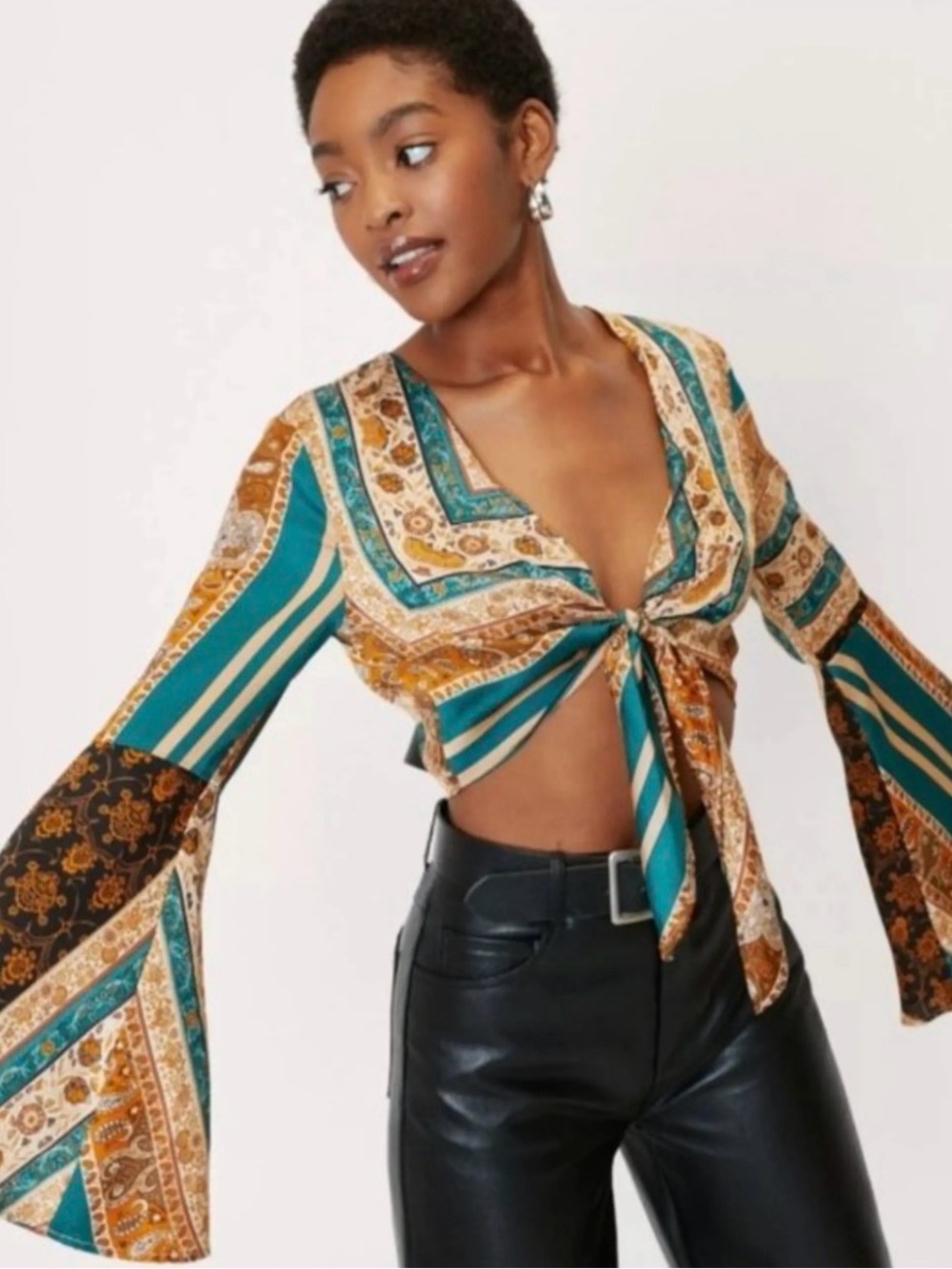 Nasty Gal Gold and Teal Paisley Tie-Front Blouse